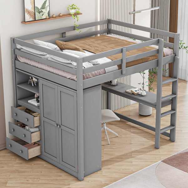 English Elm Wood Full Size Loft Bed with Built-in Wardrobe, Desk, Shelves and Drawers for Organized Rooms Gray GX000445AAE