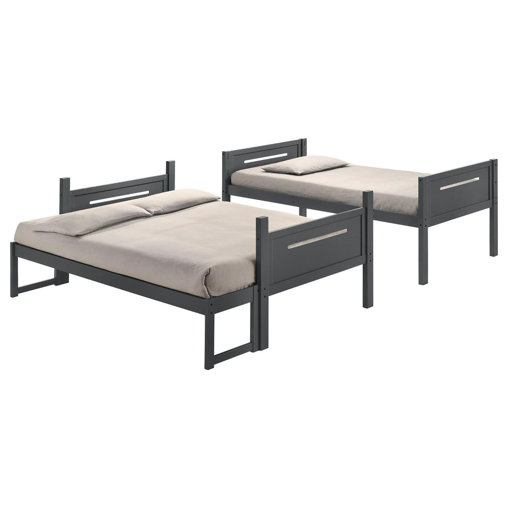 English Elm Grey Twin/Full Bunk Bed with Built-In Ladder, Modern Rubberwood Frame, Guardrails, Safe Durable Design B062S00346