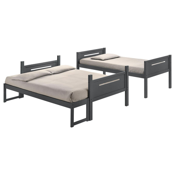 English Elm Grey Twin/Full Bunk Bed with Built-In Ladder, Modern Rubberwood Frame, Guardrails, Safe Durable Design B062S00346