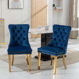 English Elm ,Nikki Collection Modern, High-End Tufted Solid Wood Contemporary Velvet Upholstered Dining Chair With Golden Stainless Steel Plating Legs,Nailhead Trim,Set Of 2,Blue and Gold, Sw1601Bl