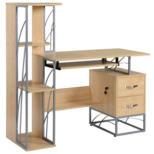 English Elm HOMCOM Compact Computer Desk with 4-Tier Bookshelf, Lockable Drawers, Keyboard Tray, Natural W2225P156371