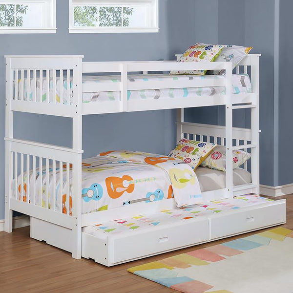 English Elm White Twin/Twin Slatted Bunk Bed — Modern Space-Saving Pine Frame, Vertical Rail Design, 400 lb Capacity B062S00331