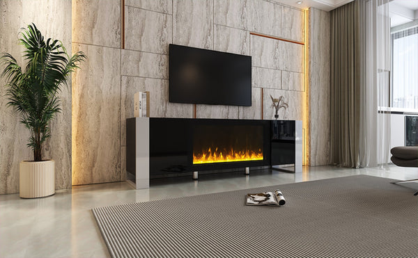 English Elm On-trend Gloss Media Console with Built-in Electric Fireplace for Living Rooms Black SD000029AAB