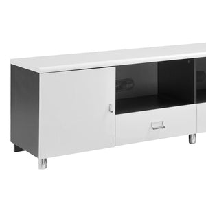 English Elm Glossy 71" White and Grey TV Console with 2 Drawers, 2 Cabinets, Chrome Pulls — Sleek Modern Storage for 64" TVs B062S00328