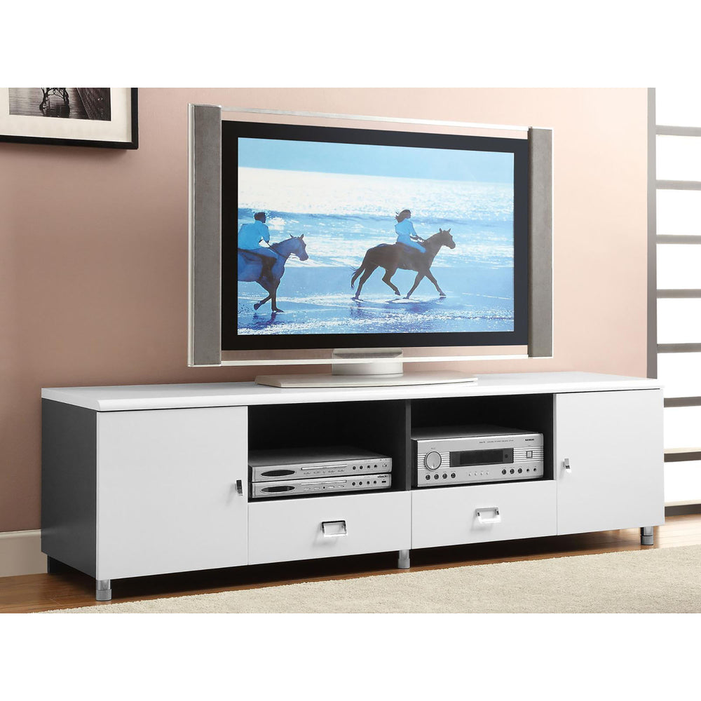 English Elm Glossy 71" White and Grey TV Console with 2 Drawers, 2 Cabinets, Chrome Pulls — Sleek Modern Storage for 64" TVs B062S00328