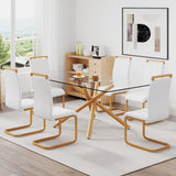 Hearth and Haven 1 Table with 6 Chairs. Glass Dining Table with 0.39 "Tempered Glass Tabletop and Wooden Metal Legs. Leatherette Leather High Backrest Cushioned Side Chair with C-Shaped Chrome Metal Legs. W1151S00681 W1151S00681