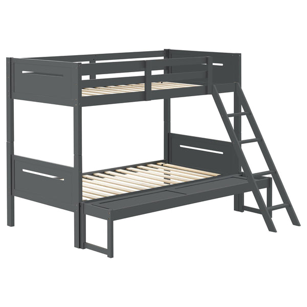 English Elm Grey Twin/Full Bunk Bed with Built-In Ladder, Modern Rubberwood Frame, Guardrails, Safe Durable Design B062S00346
