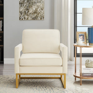 English Elm Modern Velvet Accent Chair with Gold Iron Base Open Arms Glam Living Room Seat Cream W2186P148523