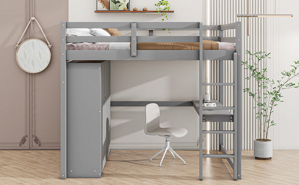 English Elm Wood Full Size Loft Bed with Built-in Wardrobe, Desk, Shelves and Drawers for Organized Rooms Gray GX000445AAE