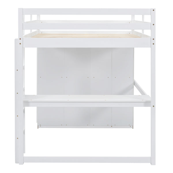 English Elm Wood Full Size Loft Bed with Built-in Wardrobe, Desk, Shelves and Drawers for Organized Rooms White GX000445AAK