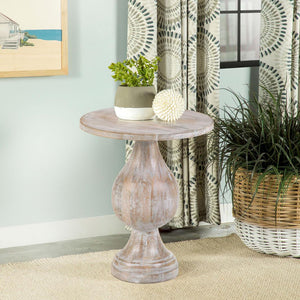 English Elm White White Washed Mango Wood Pedestal Accent Table — Romantic Contoured Silhouette, Eco-Friendly Craftsmanship, 24"H x 20"W B062S00353