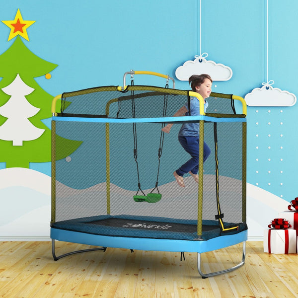 English Elm Qaba 3in1 Kids Rectangular Trampoline with Gymnastics Bar Swing and Safety Net W2225P156303