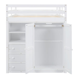 English Elm Wood Full Size Loft Bed with Built-in Wardrobe, Desk, Shelves and Drawers for Organized Rooms White GX000445AAK