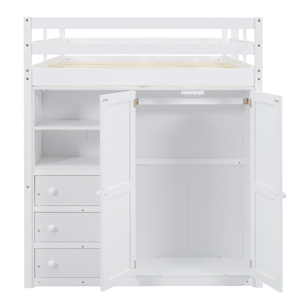 English Elm Wood Full Size Loft Bed with Built-in Wardrobe, Desk, Shelves and Drawers for Organized Rooms White GX000445AAK