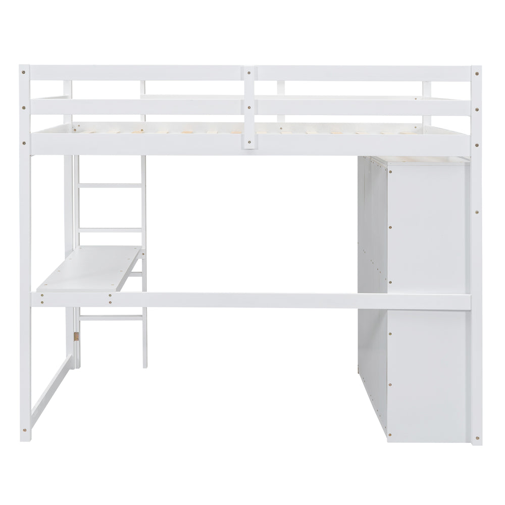 English Elm Wood Full Size Loft Bed with Built-in Wardrobe, Desk, Shelves and Drawers for Organized Rooms White GX000445AAK