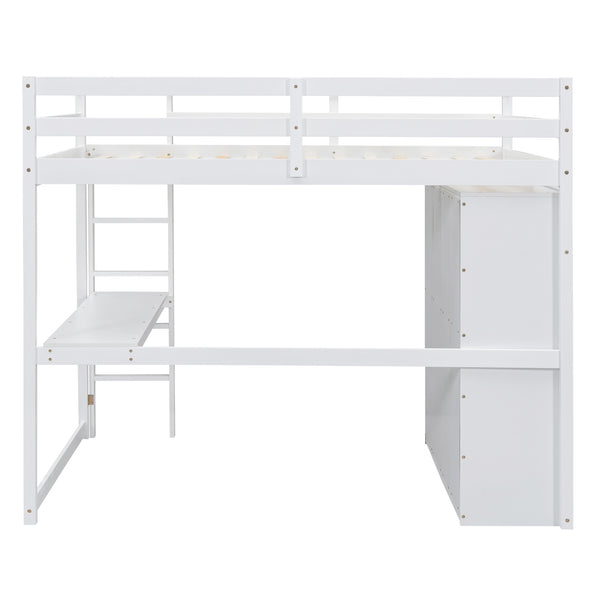 English Elm Wood Full Size Loft Bed with Built-in Wardrobe, Desk, Shelves and Drawers for Organized Rooms White GX000445AAK