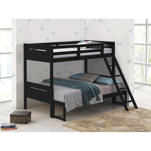 English Elm Black Twin/Full Bunk Bed Sturdy Rubberwood Frame with Angled Ladder, Guardrails, Teen/Child Safe Design B062S00340