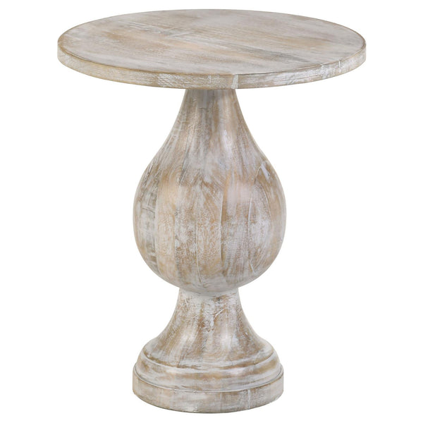 English Elm White White Washed Mango Wood Pedestal Accent Table — Romantic Contoured Silhouette, Eco-Friendly Craftsmanship, 24"H x 20"W B062S00353