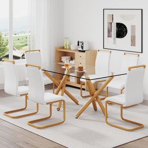 Hearth and Haven 1 Table and 6 Chairs. Glass Dining Table with 0.39 "Tempered Glass Tabletop and Wooden Metal Legs. White Leatherette Leather High Backrest Soft Padded Side Chair with C-Shaped Tube Chrome Metal Leg W1151S00683