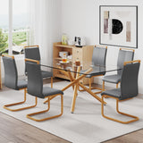 Hearth and Haven 1 Table with 6 Chairs. Glass Dining Table with 0.39 "Tempered Glass Tabletop and Wooden Metal Legs. Leatherette Leather High Backrest Cushioned Side Chair with C-Shaped Chrome Metal Legs. W1151S00685 W1151S00685