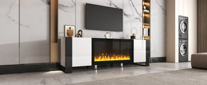 English Elm On-trend Gloss Media Console with Built-in Electric Fireplace for Living Rooms White SD000029AAK