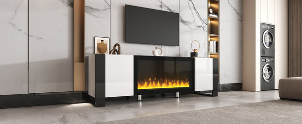English Elm On-trend Gloss Media Console with Built-in Electric Fireplace for Living Rooms White SD000029AAK