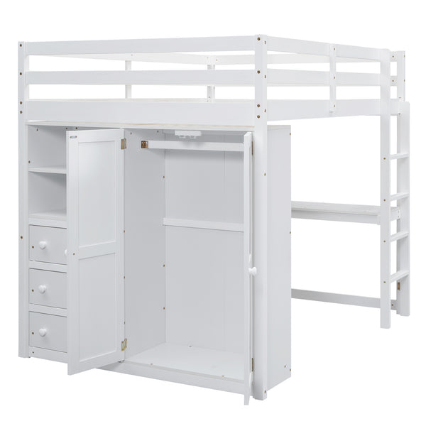 English Elm Wood Full Size Loft Bed with Built-in Wardrobe, Desk, Shelves and Drawers for Organized Rooms White GX000445AAK