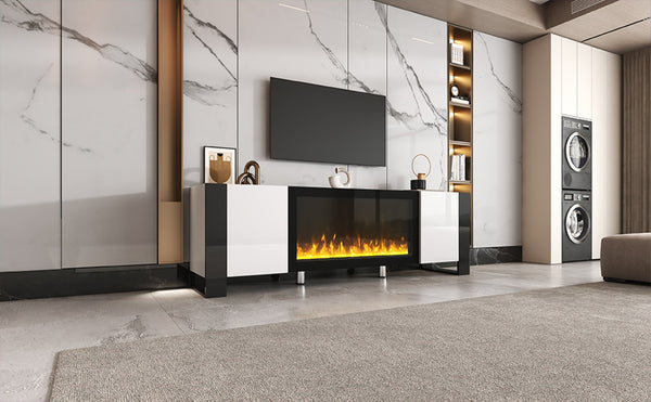 English Elm On-trend Gloss Media Console with Built-in Electric Fireplace for Living Rooms White SD000029AAK