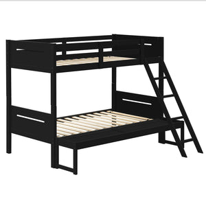 English Elm Black Twin/Full Bunk Bed Sturdy Rubberwood Frame with Angled Ladder, Guardrails, Teen/Child Safe Design B062S00340
