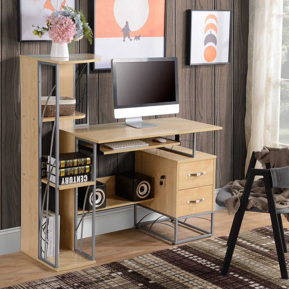 English Elm HOMCOM Compact Computer Desk with 4-Tier Bookshelf, Lockable Drawers, Keyboard Tray, Natural W2225P156371