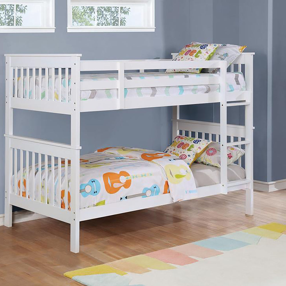 English Elm White Twin/Twin Slatted Bunk Bed — Modern Space-Saving Pine Frame, Vertical Rail Design, 400 lb Capacity B062S00331