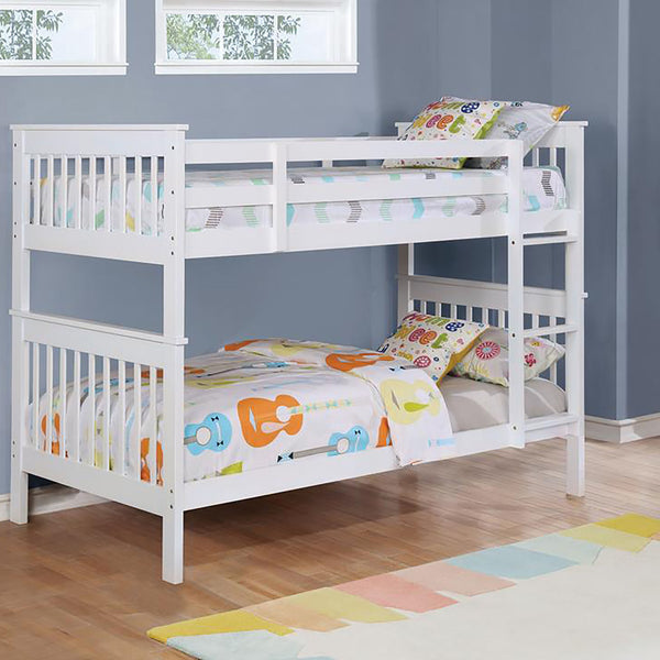 English Elm White Twin/Twin Slatted Bunk Bed — Modern Space-Saving Pine Frame, Vertical Rail Design, 400 lb Capacity B062S00331