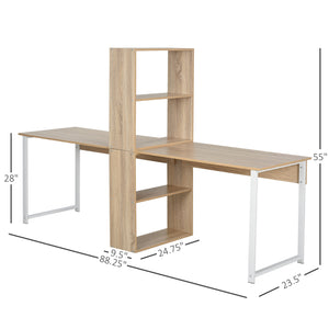 English Elm HOMCOM 88" Extra Long 2-Person Computer Desk with 4-Tier Bookshelf, Sturdy Steel Frame, Natural Wood W2225P156387