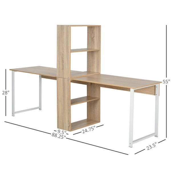 English Elm HOMCOM 88" Extra Long 2-Person Computer Desk with 4-Tier Bookshelf, Sturdy Steel Frame, Natural Wood W2225P156387