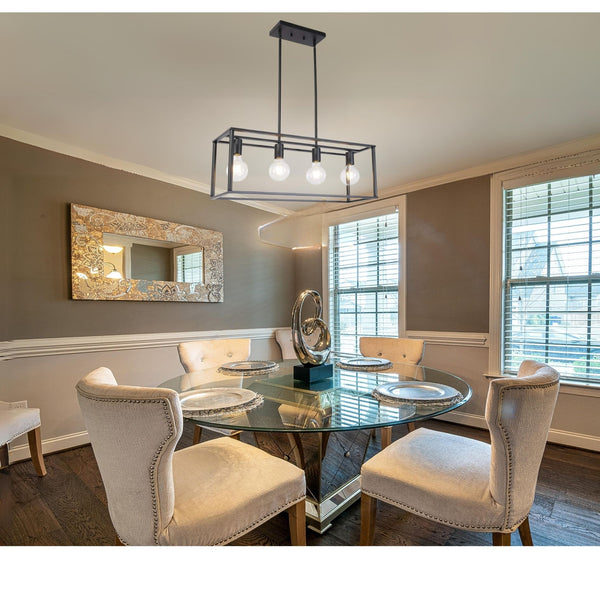 English Elm Pendant Industrial 4-Light Linear Chandelier Black Metal Cage 30" Adjustable Height Dimmable Island Fixture B130P148028