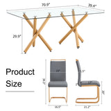 Hearth and Haven 1 Table and 6 Chairs. Glass Dining Table with 0.39 "Tempered Glass Tabletop and Wooden Metal Legs. Grey Leatherette Leather High Backrest Soft Padded Side Chair with Wooden Color C-Shaped Tube Chrome Metal Leg W1151S00687