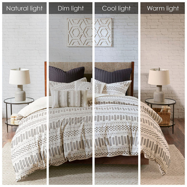 English Elm Full/Queen Rhea Cotton Jacquard Duvet Cover Mini Set – Ivory Striped Eyelash Texture, OEKO-TEX, Button Closure B03596464