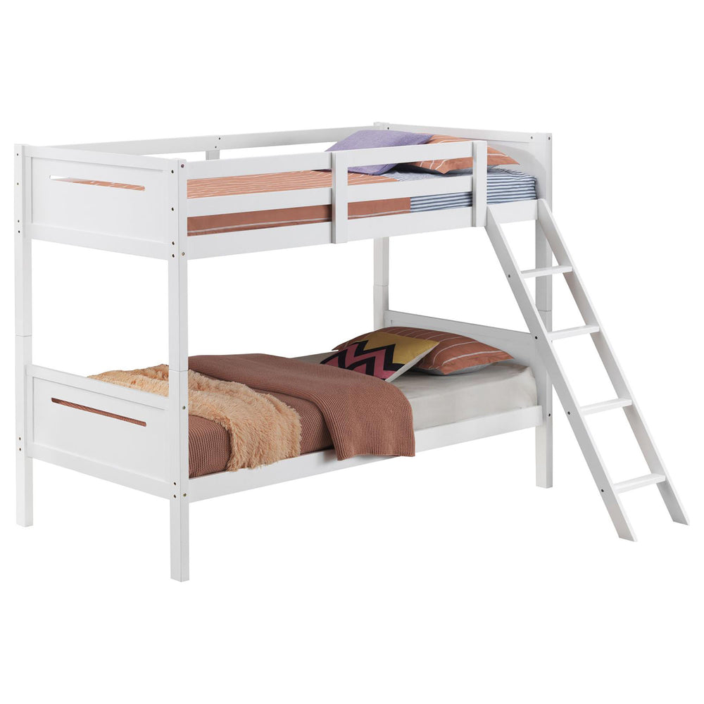 English Elm White Twin/Twin Bunk Bed Sturdy Rubberwood Frame with Angled Ladder, Full Guardrails, 400lb Tested Weight B062S00337