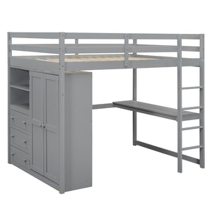 English Elm Wood Full Size Loft Bed with Built-in Wardrobe, Desk, Shelves and Drawers for Organized Rooms Gray GX000445AAE