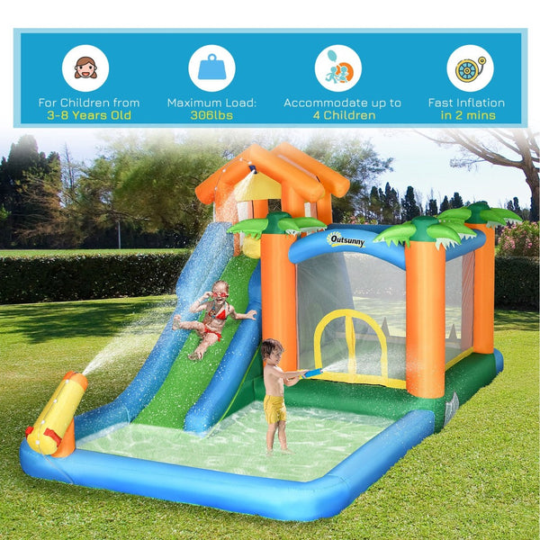 English Elm Outsunny Tropical Inflatable Bounce House with Water Slide Pool Trampoline for Kids W2225P156336