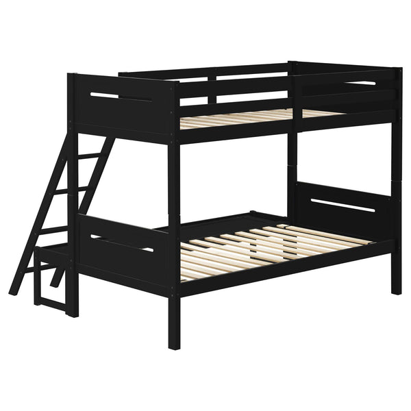 English Elm Black Twin/Full Bunk Bed Sturdy Rubberwood Frame with Angled Ladder, Guardrails, Teen/Child Safe Design B062S00340