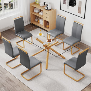 Hearth and Haven 1 Table with 6 Chairs. Glass Dining Table with 0.39 "Tempered Glass Tabletop and Wooden Metal Legs. Leatherette Leather High Backrest Cushioned Side Chair with C-Shaped Chrome Metal Legs. W1151S00685 W1151S00685