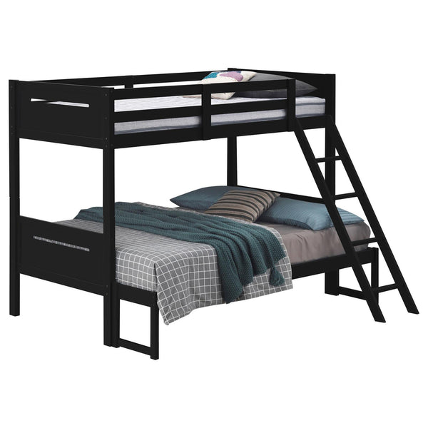 English Elm Black Twin/Full Bunk Bed Sturdy Rubberwood Frame with Angled Ladder, Guardrails, Teen/Child Safe Design B062S00340