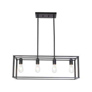 English Elm Pendant Industrial 4-Light Linear Chandelier Black Metal Cage 30" Adjustable Height Dimmable Island Fixture B130P148028