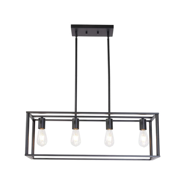 English Elm Pendant Industrial 4-Light Linear Chandelier Black Metal Cage 30" Adjustable Height Dimmable Island Fixture B130P148028