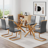 Hearth and Haven 1 Table and 6 Chairs. Glass Dining Table with 0.39 "Tempered Glass Tabletop and Wooden Metal Legs. Grey Leatherette Leather High Backrest Soft Padded Side Chair with Wooden Color C-Shaped Tube Chrome Metal Leg W1151S00687