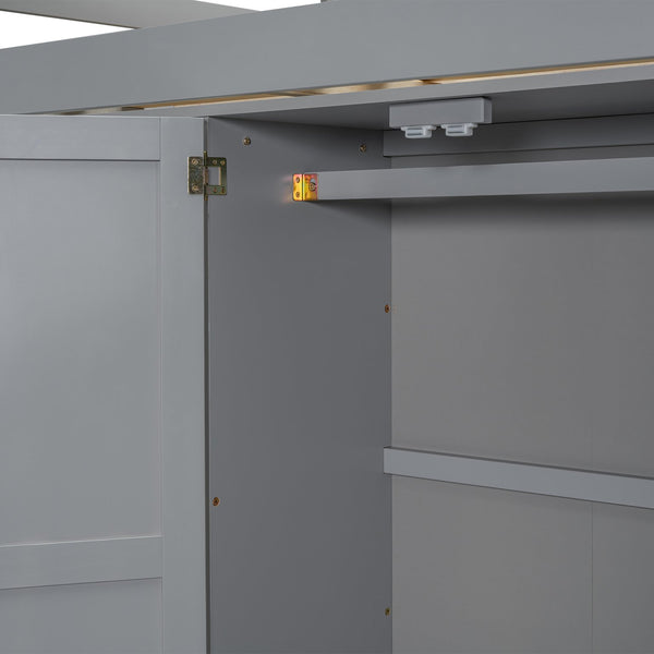 English Elm Wood Full Size Loft Bed with Built-in Wardrobe, Desk, Shelves and Drawers for Organized Rooms Gray GX000445AAE