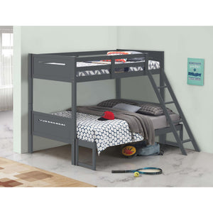 English Elm Grey Twin/Full Bunk Bed with Built-In Ladder, Modern Rubberwood Frame, Guardrails, Safe Durable Design B062S00346