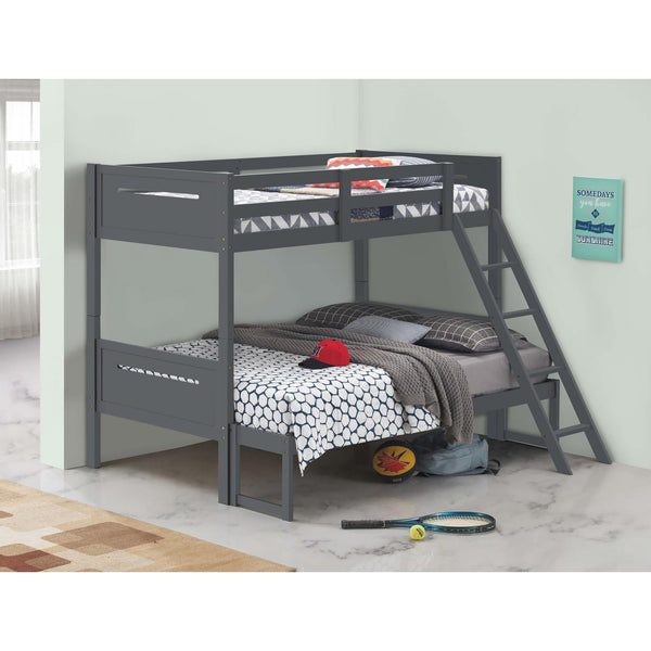 English Elm Grey Twin/Full Bunk Bed with Built-In Ladder, Modern Rubberwood Frame, Guardrails, Safe Durable Design B062S00346