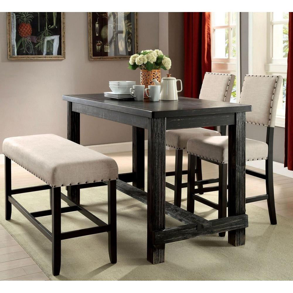 English Elm Set of 2 Antique Black Counter Height Chairs with Beige Linen-Look Upholstery & Nailhead Trim, Rustic Elegance B016P156353